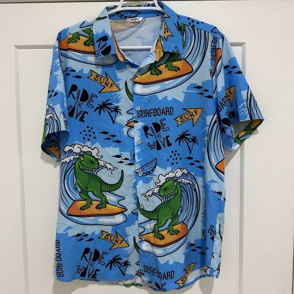 Simmashah Mens Shirt Size m Surfboard Dino Surf 
t-Rex Ride The Wave Button Up
